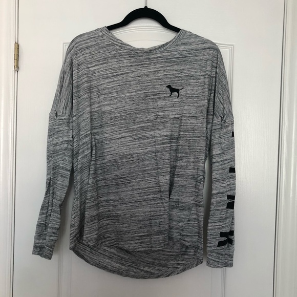 Grey long sleeve crew top with hot pink logo - Picture 1 of 2